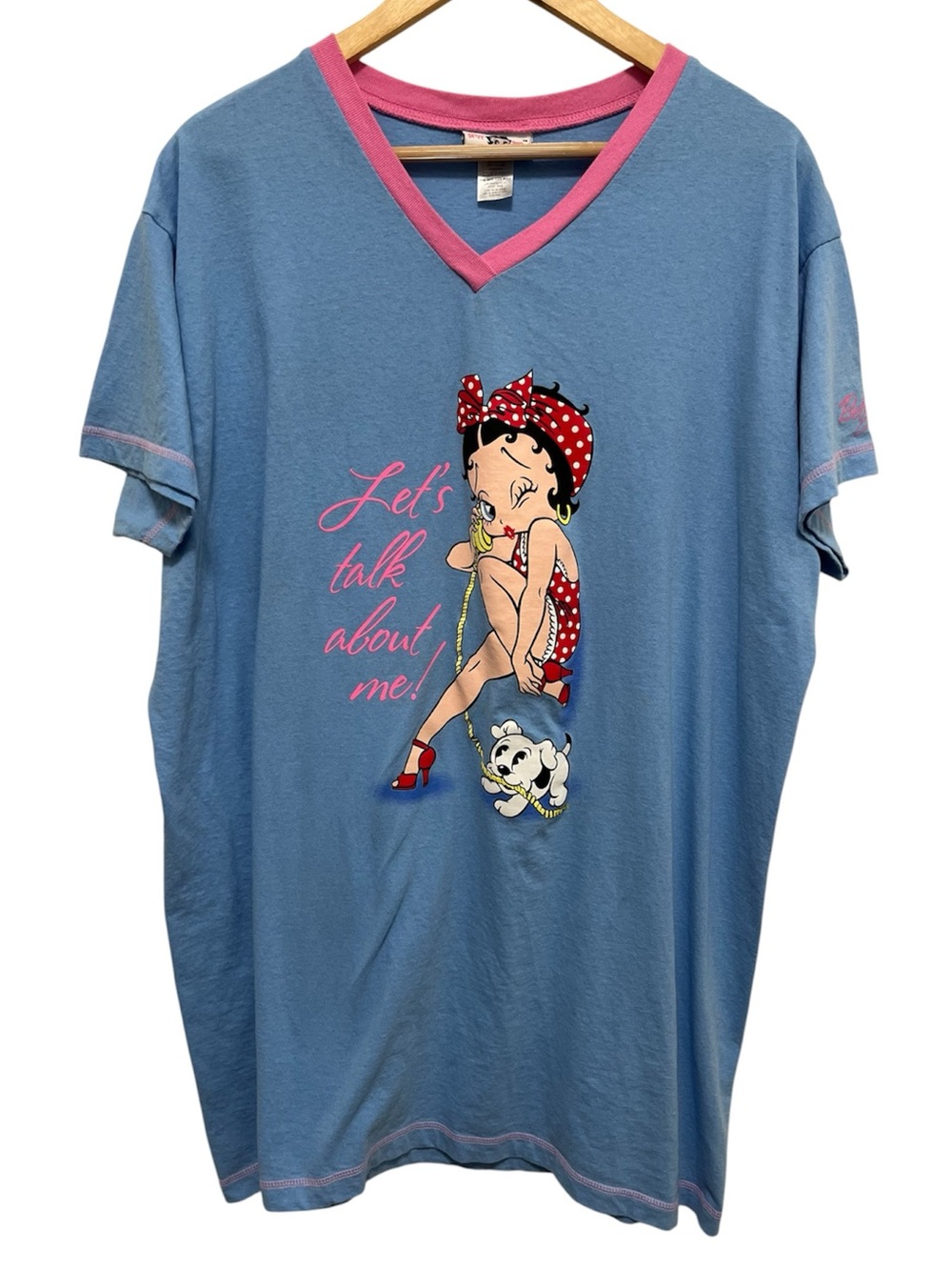 Betty Boop Y2K 2005 Blue Graphic V-Neck Sleep Tee Nightgown Pink Trim One Size